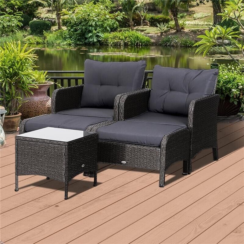 SET DA GIARDINO 2 DIVANETTI CON POUF E TAVOLINO RATTAN CON CUSCINI GRIGIO