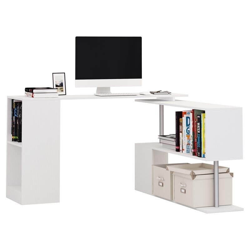 SCRIVANIA MODERNA  ANGOLARE PER PC CON LIBRERIA IN LEGNO BIANCO