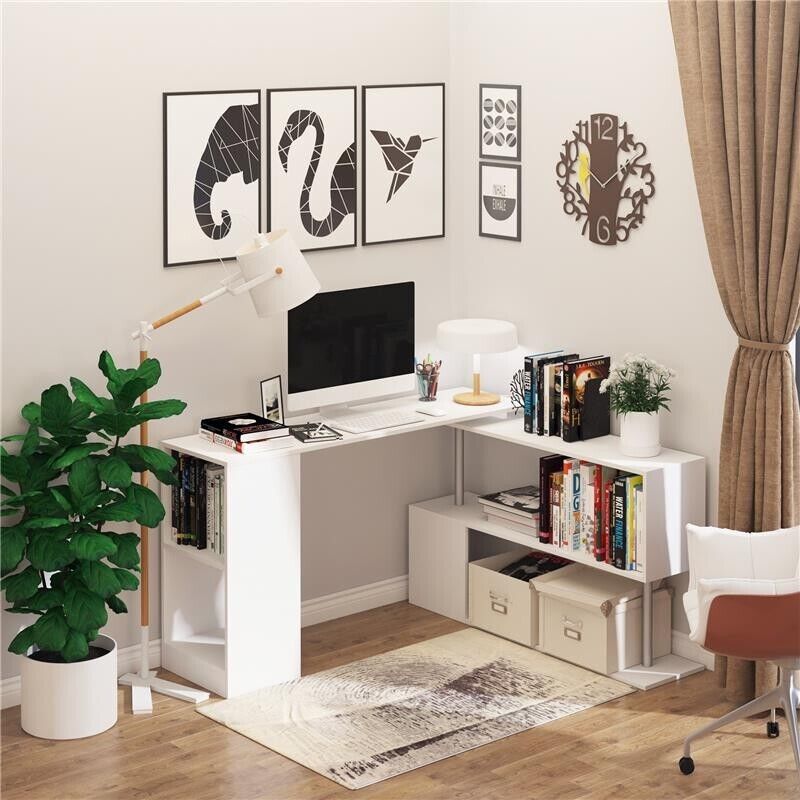 SCRIVANIA MODERNA  ANGOLARE PER PC CON LIBRERIA IN LEGNO BIANCO