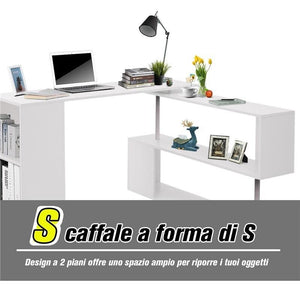 SCRIVANIA MODERNA  ANGOLARE PER PC CON LIBRERIA IN LEGNO BIANCO