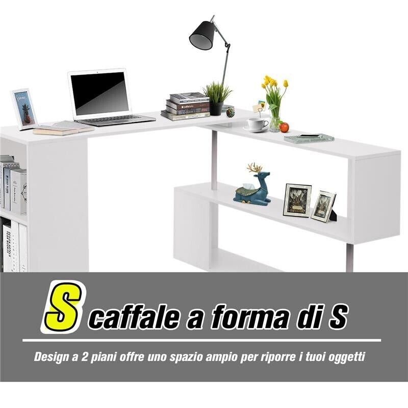 SCRIVANIA MODERNA  ANGOLARE PER PC CON LIBRERIA IN LEGNO BIANCO