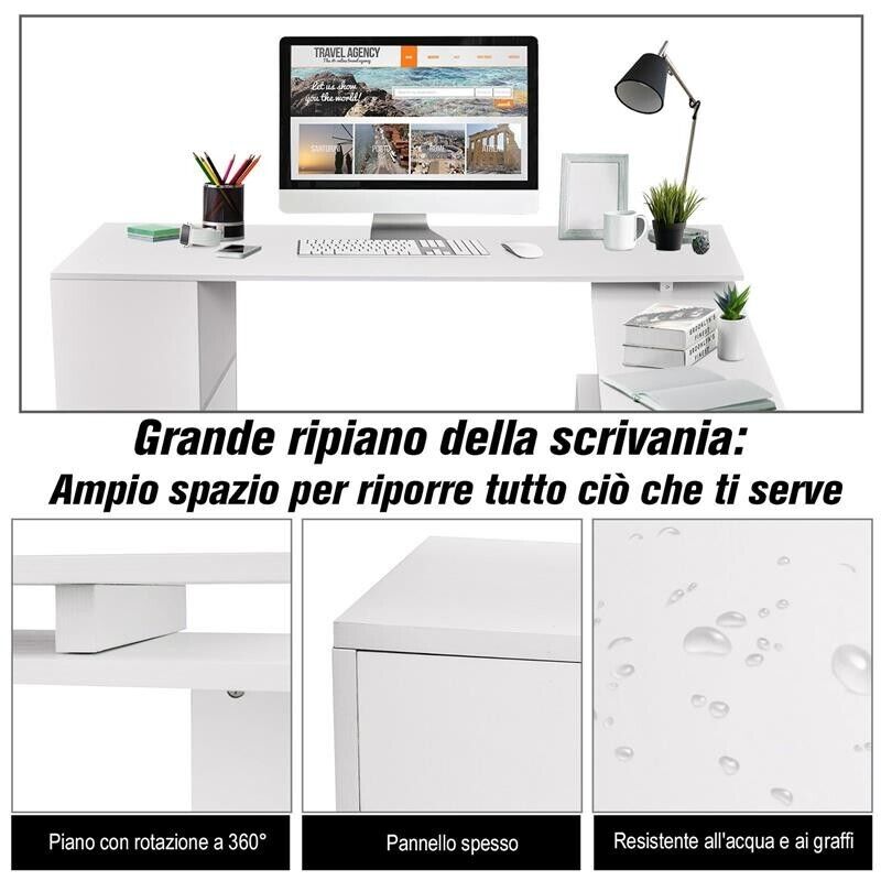 SCRIVANIA MODERNA  ANGOLARE PER PC CON LIBRERIA IN LEGNO BIANCO