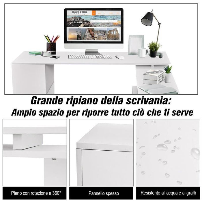 SCRIVANIA MODERNA  ANGOLARE PER PC CON LIBRERIA IN LEGNO BIANCO