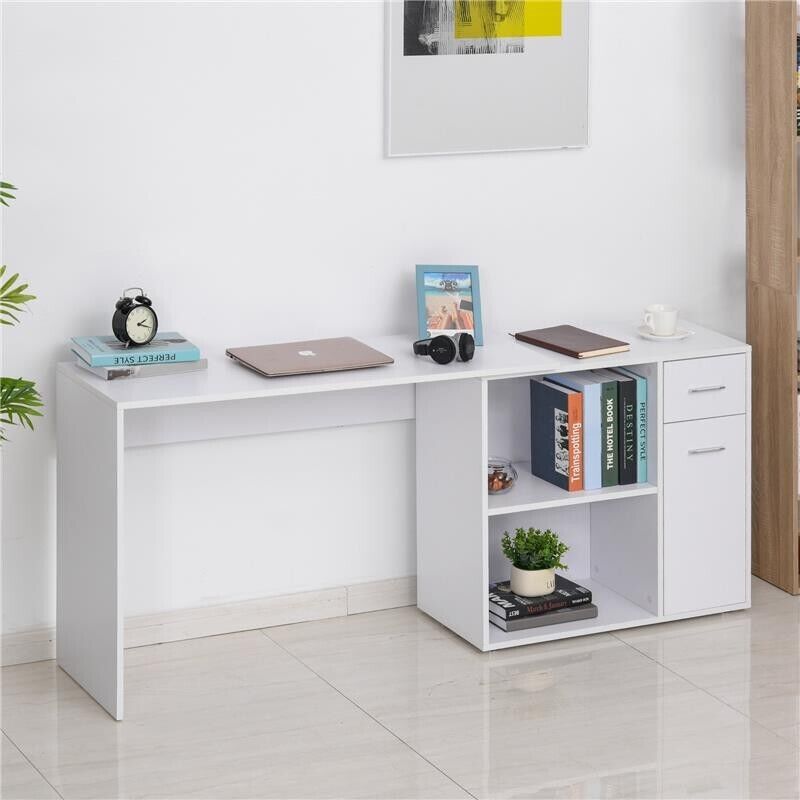 SCRIVANIA ANGOLARE CON CASSETTI ESTRAIBILI E SCAFFALE GIREVOLE BIANCA