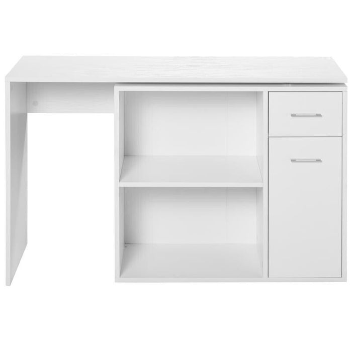 SCRIVANIA ANGOLARE CON CASSETTI ESTRAIBILI E SCAFFALE GIREVOLE BIANCA