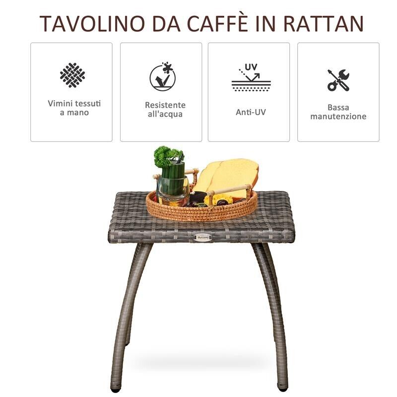 TAVOLINO IN RATTAN SINTETICO DA ESTERNO IMPERMEABILE 45 X 45 X 44 CM GRIGIO