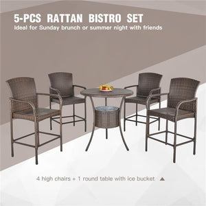 SET 5 PEZZI TAVOLINO E 4 SEDIE ALTE IN RATTAN SINTETICO E ACCIAIO