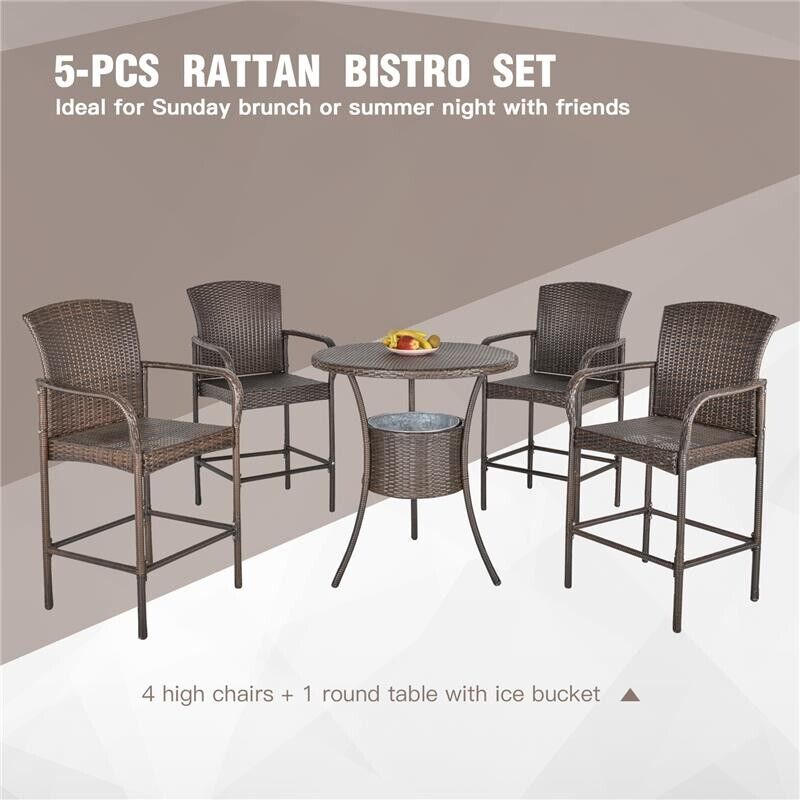 SET 5 PEZZI TAVOLINO E 4 SEDIE ALTE IN RATTAN SINTETICO E ACCIAIO