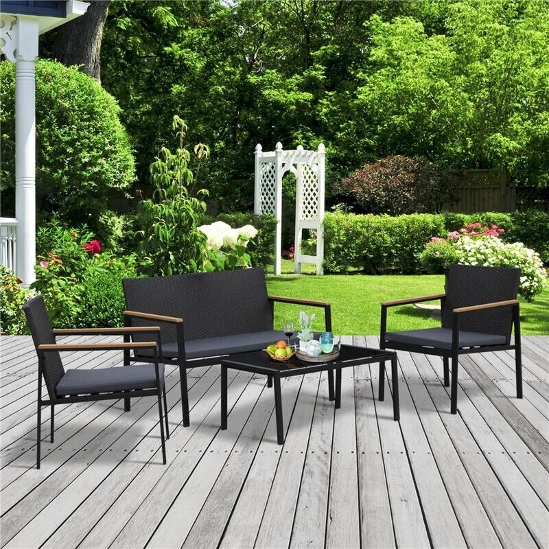 SET 4 PEZZI SALOTTINO DA GIARDINO IN PE RATTAN CON BRACCIOLI IN LEGNO NERO
