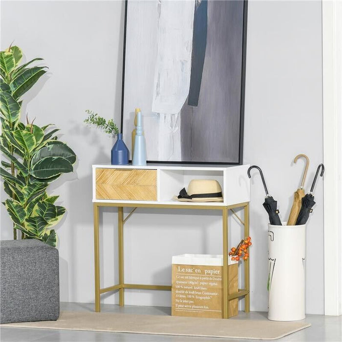 TAVOLINO CONSOLLE DESIGN MODERNO CON CASSETTO IN LEGNO BIANCO E ORO