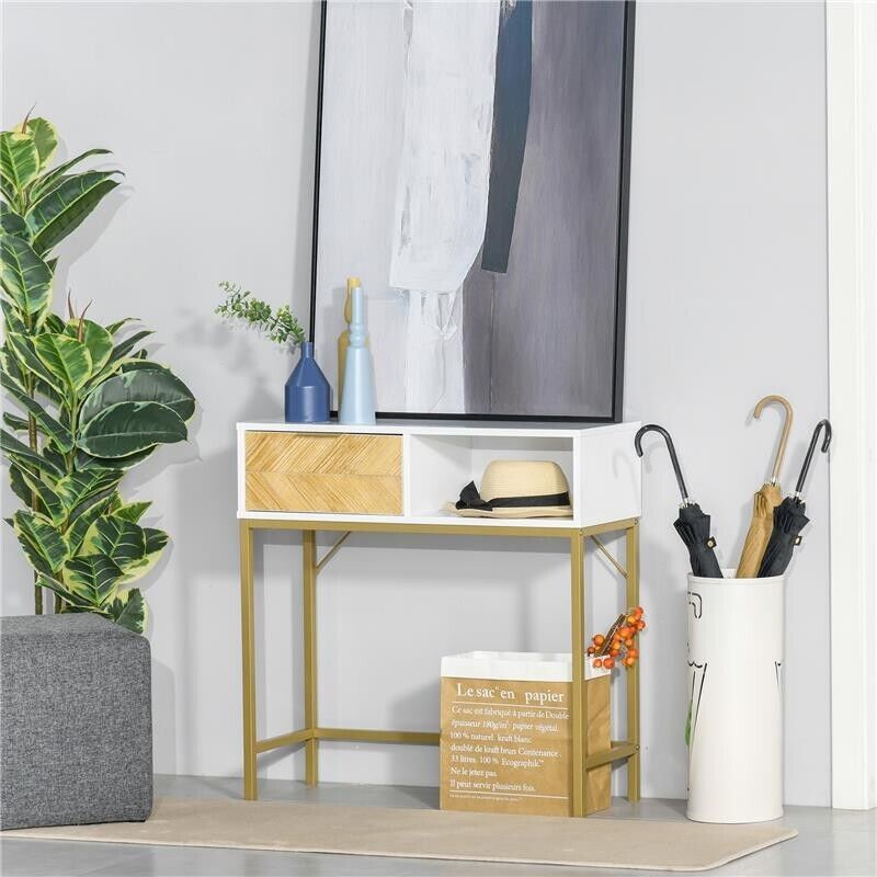 TAVOLINO CONSOLLE DESIGN MODERNO CON CASSETTO IN LEGNO BIANCO E ORO