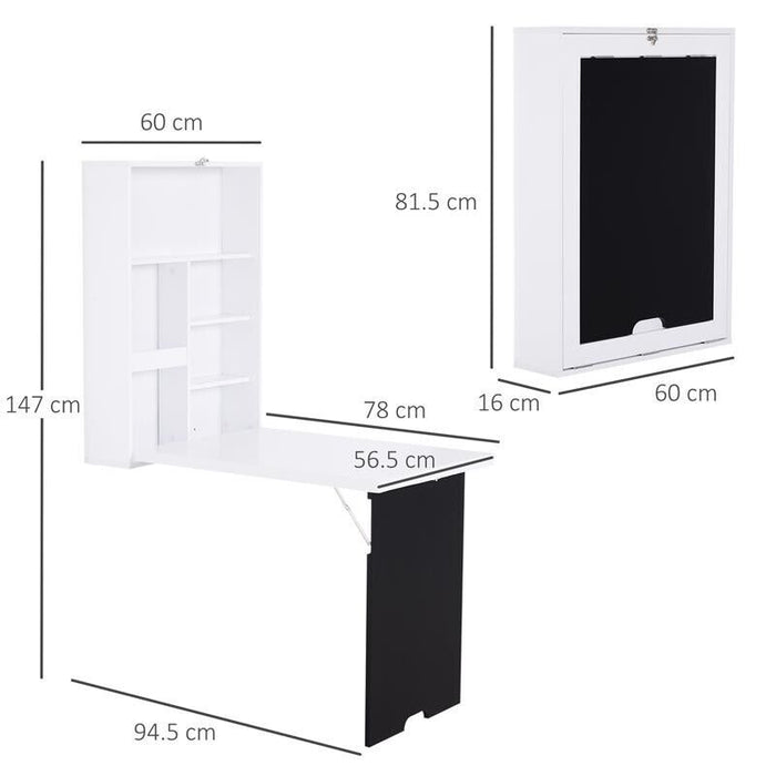TAVOLO SCRIVANIA PIEGHEVOLE A MURO CON LAVAGNA 60 X 94.5 X 147 CM BIANCO E NERO