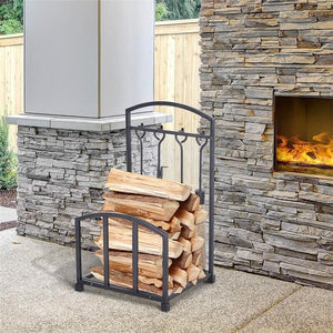 PORTALEGNA DA INTERNO ED ESTERNO IN METALLO CON GANCI E 4 ATTREZZI PER CAMINO INCLUSI NERO