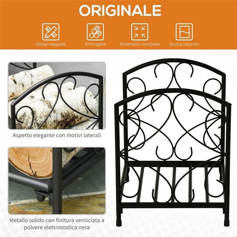 PORTALEGNA PER CAMINO DA INTERNO ED ESTERNO IN METALLO CON BASE RIALZATA PER 50KG DI LEGNA 39.5X31.5X39.5CM NERO