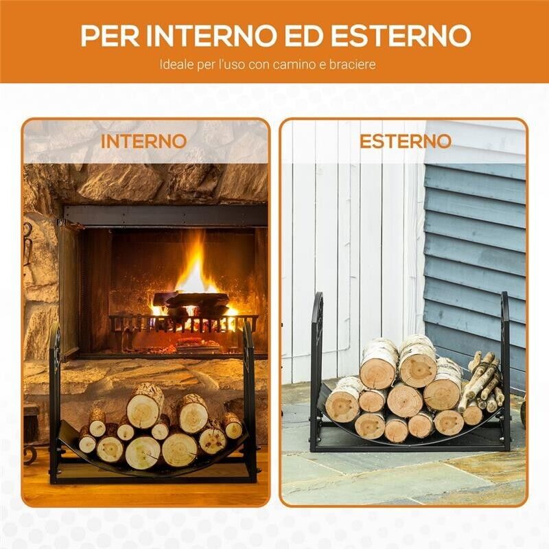 PORTALEGNA DA INTERNO ED ESTERNO IN METALLO CON RIPIANO CURVO FINO 60KG DI LEGNA NERO