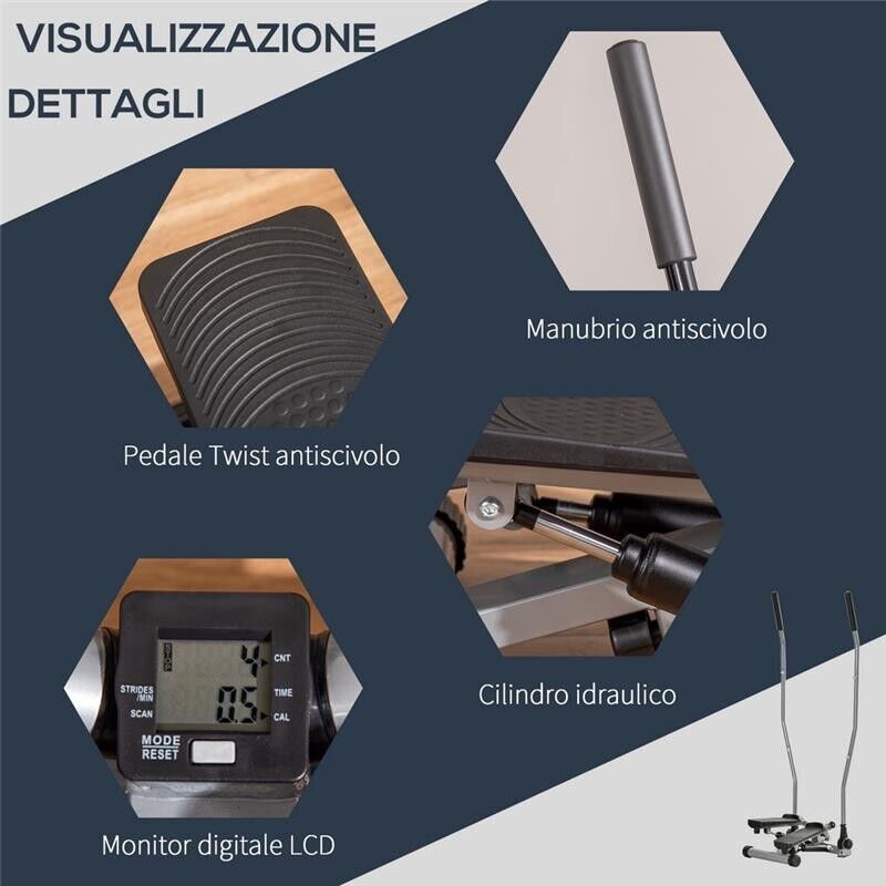 STEPPER CON MANUBRIO MANIGLIE STEP FITNESS CON MONITOR LCD PER CASA E PALESTRA ARGENTO