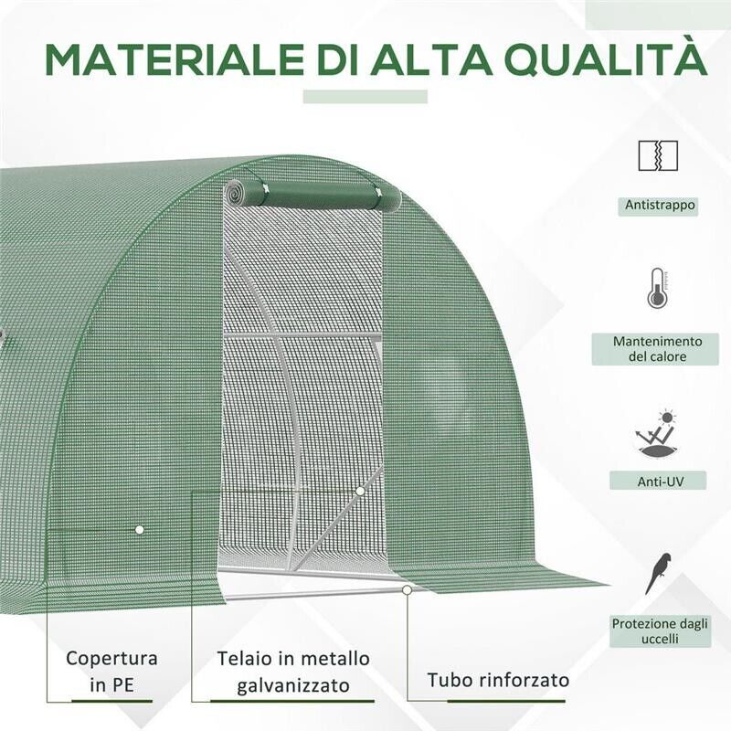 SERRA A TUNNEL DA ESTERNO CON COPERTURA IN PE PORTA CON CERNIERA E 6 FINESTRE VERDE