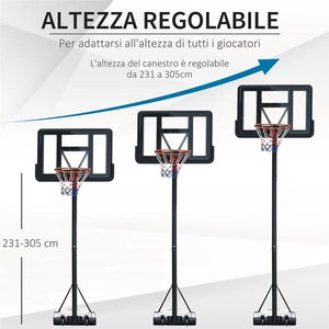 CANESTRO BASKET ALTEZZA REGOLABILE 231-305 CM BASE CON RUOTE IN ACCIAIO
