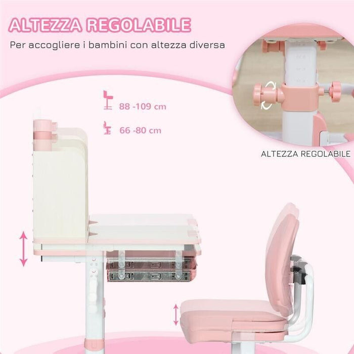 BANCO SCUOLA CON SEDIA PER BAMBINI 3-12 ANNI, ALTEZZA REGOLABILE E PIANO INCLINABILE ROSA