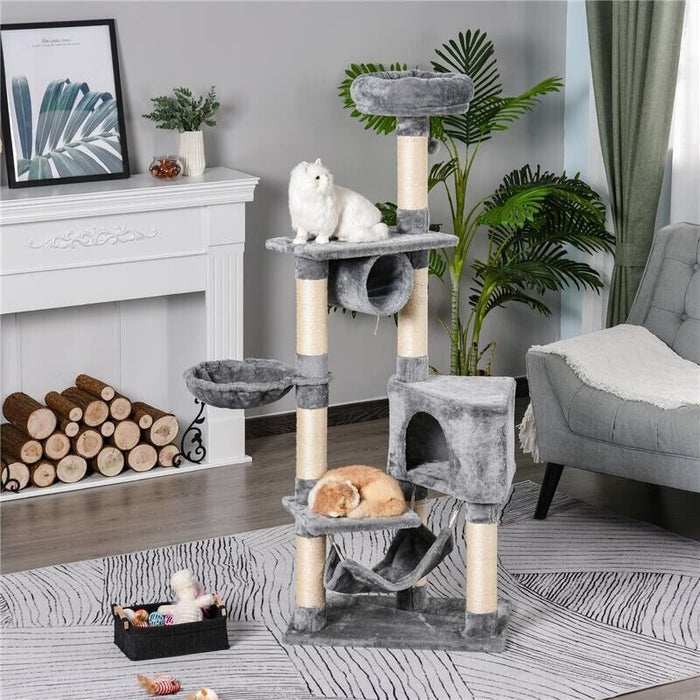 TIRAGRAFFI A COLONNA PER GATTI CON CUCCIA AMACA LETTINI SOSPESI E PALI IN CORDA SISAL GRIGIO 60X40X154CM