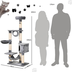 TIRAGRAFFI A COLONNA PER GATTI CON CUCCIA AMACA LETTINI SOSPESI E PALI IN CORDA SISAL GRIGIO 60X40X154CM