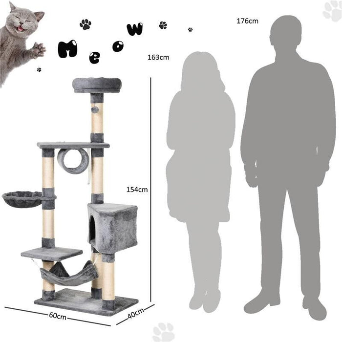 TIRAGRAFFI A COLONNA PER GATTI CON CUCCIA AMACA LETTINI SOSPESI E PALI IN CORDA SISAL GRIGIO 60X40X154CM