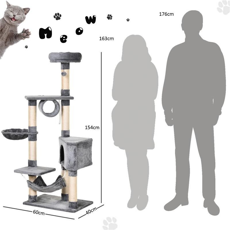 TIRAGRAFFI A COLONNA PER GATTI CON CUCCIA AMACA LETTINI SOSPESI E PALI IN CORDA SISAL GRIGIO 60X40X154CM