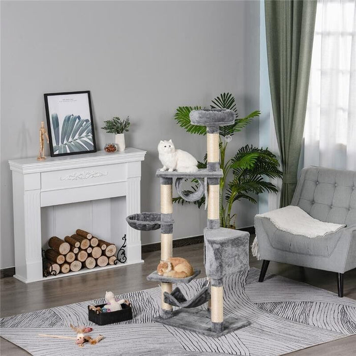 TIRAGRAFFI A COLONNA PER GATTI CON CUCCIA AMACA LETTINI SOSPESI E PALI IN CORDA SISAL GRIGIO 60X40X154CM