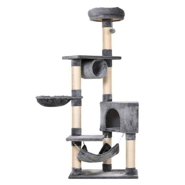 TIRAGRAFFI A COLONNA PER GATTI CON CUCCIA AMACA LETTINI SOSPESI E PALI IN CORDA SISAL GRIGIO 60X40X154CM