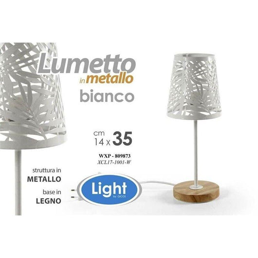 LAMPADA LUMETTO CON PARALUME A FOGLIA BIANCO E BASE IN LEGNO TONDA14 X 35 CM