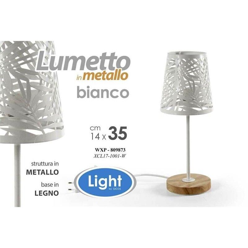 LAMPADA LUMETTO CON PARALUME A FOGLIA BIANCO E BASE IN LEGNO TONDA14 X 35 CM