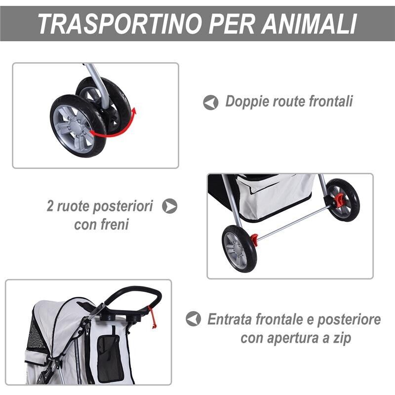 PASSEGGINO PER ANIMALI DOMESTICI PIEGHEVOLE, CARRELLO PER CANI, GRIGIO, 75 X 45 X 97CM