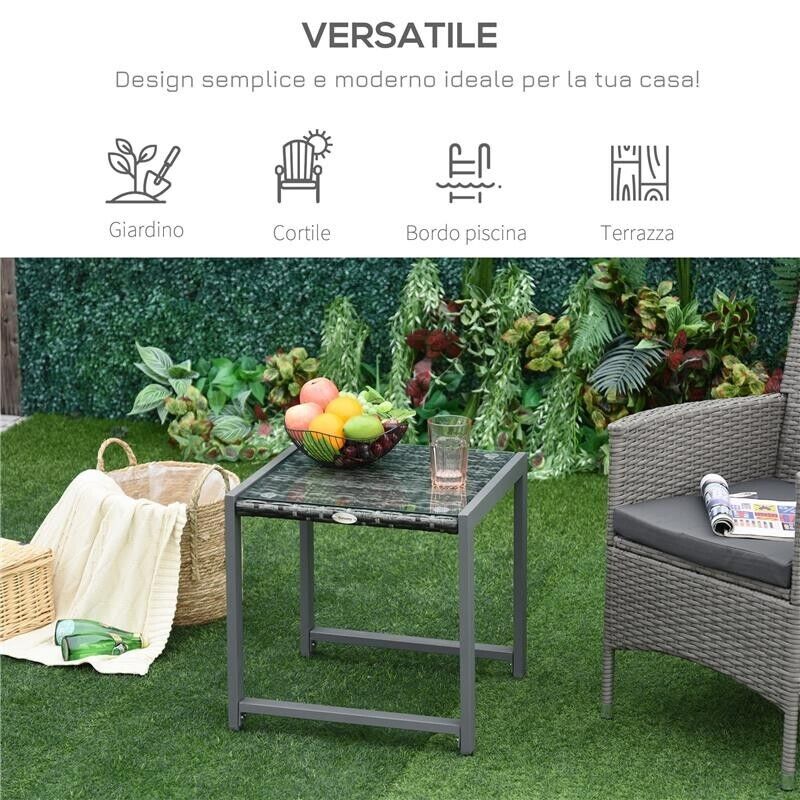 TAVOLINO DA ESTERNO CON STRUTTURA IN ALLUMINIO E PE RATTAN OIANO IN VETRO GRIGIO