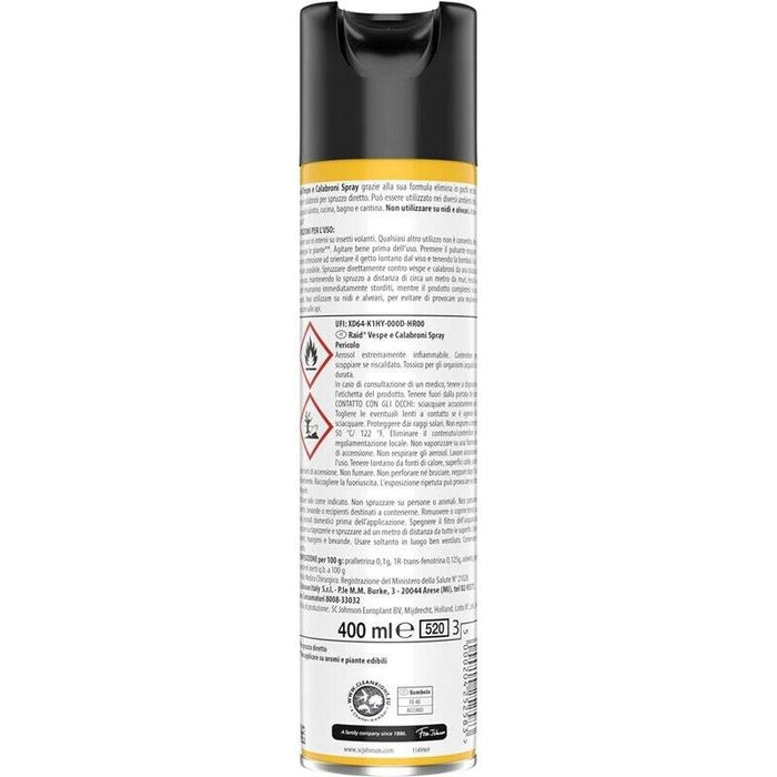 RAID INSETTICIDA SPRAY ELIMINA VESPE E CALABRONI PER USO INTERNO AZIONE RAPIDA PER SPRUZZO DIRETTO 400 ML