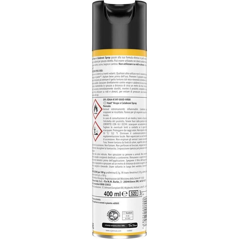 RAID INSETTICIDA SPRAY ELIMINA VESPE E CALABRONI PER USO INTERNO AZIONE RAPIDA PER SPRUZZO DIRETTO 400 ML