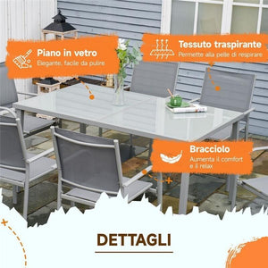 SET DA GIARDINO CON TAVOLO IN VETRO TEMPERATO E 6 SEDIE IN TESSUTO A RETE GRIGIO