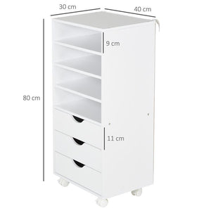 CASSETTIERA PORTADOCUMENTI DA UFFICIO CON 4 ROTELLE 4 RIPIANI 3 CASSETTI IN LEGNO BIANCO 40 X 30 X 83CM