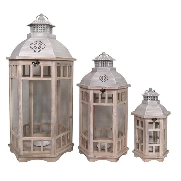 MA MAISON SET 3 LANTERNE MODELLO BERGEN IN LEGNO E ALLUMINIO CON VETRO E PORTA CANDELA IN COLORE LEGNO/GRIGIO