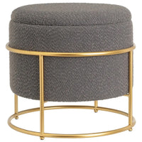 Pouf Poggiapiedi Contenitore Rotondo in Oro e Tessuto Grigio Scuro 43x43x40cm