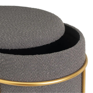 Pouf Poggiapiedi Contenitore Rotondo in Oro e Tessuto Grigio Scuro 43x43x40cm