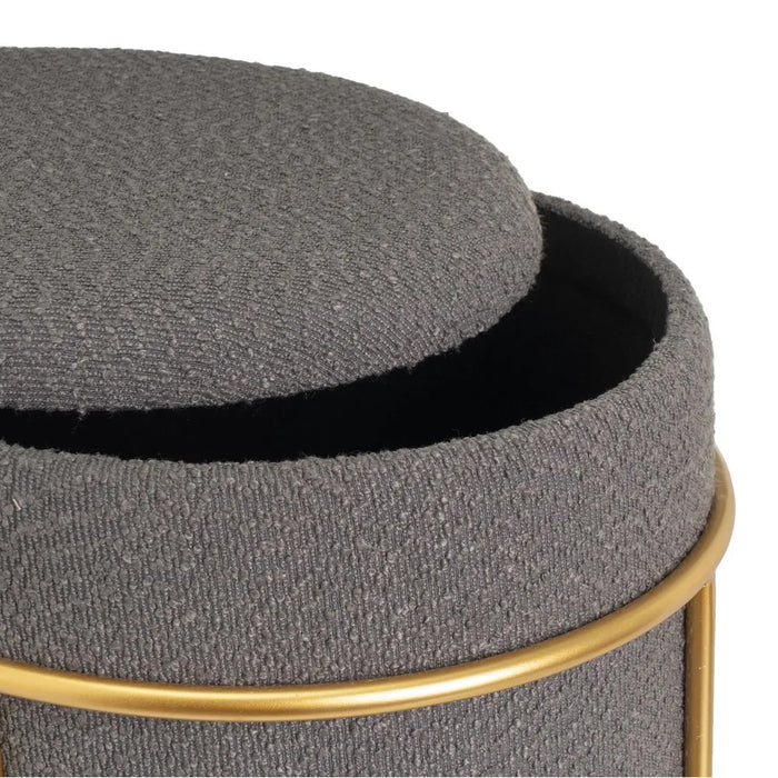 Pouf Poggiapiedi Contenitore Rotondo in Oro e Tessuto Grigio Scuro 43x43x40cm