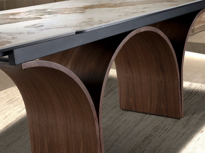 Tavolo da pranzo rettangolare allungabile in marmo porcellanato e acciaio effetto noce