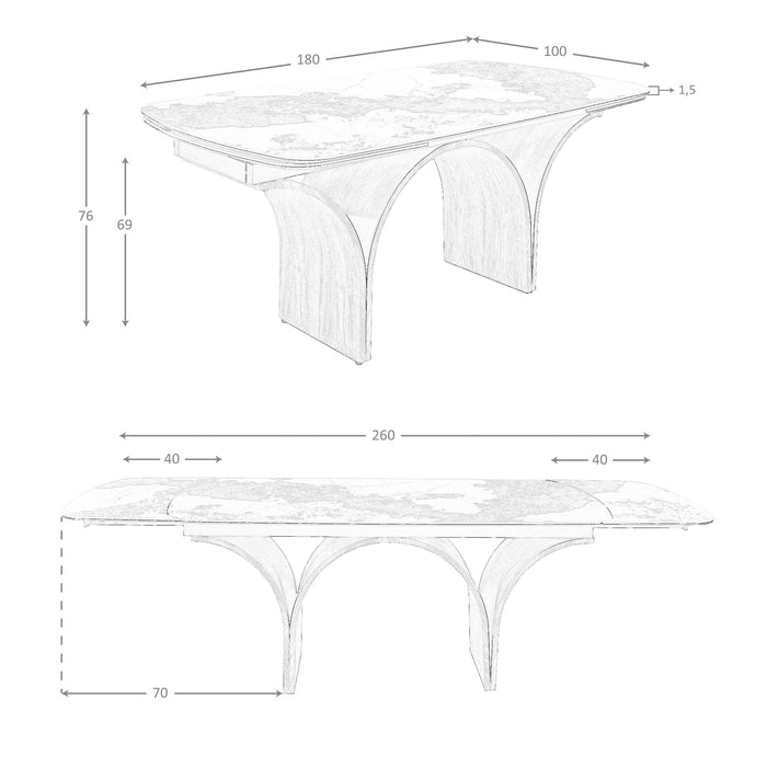 Tavolo da pranzo rettangolare allungabile in marmo porcellanato e acciaio effetto noce