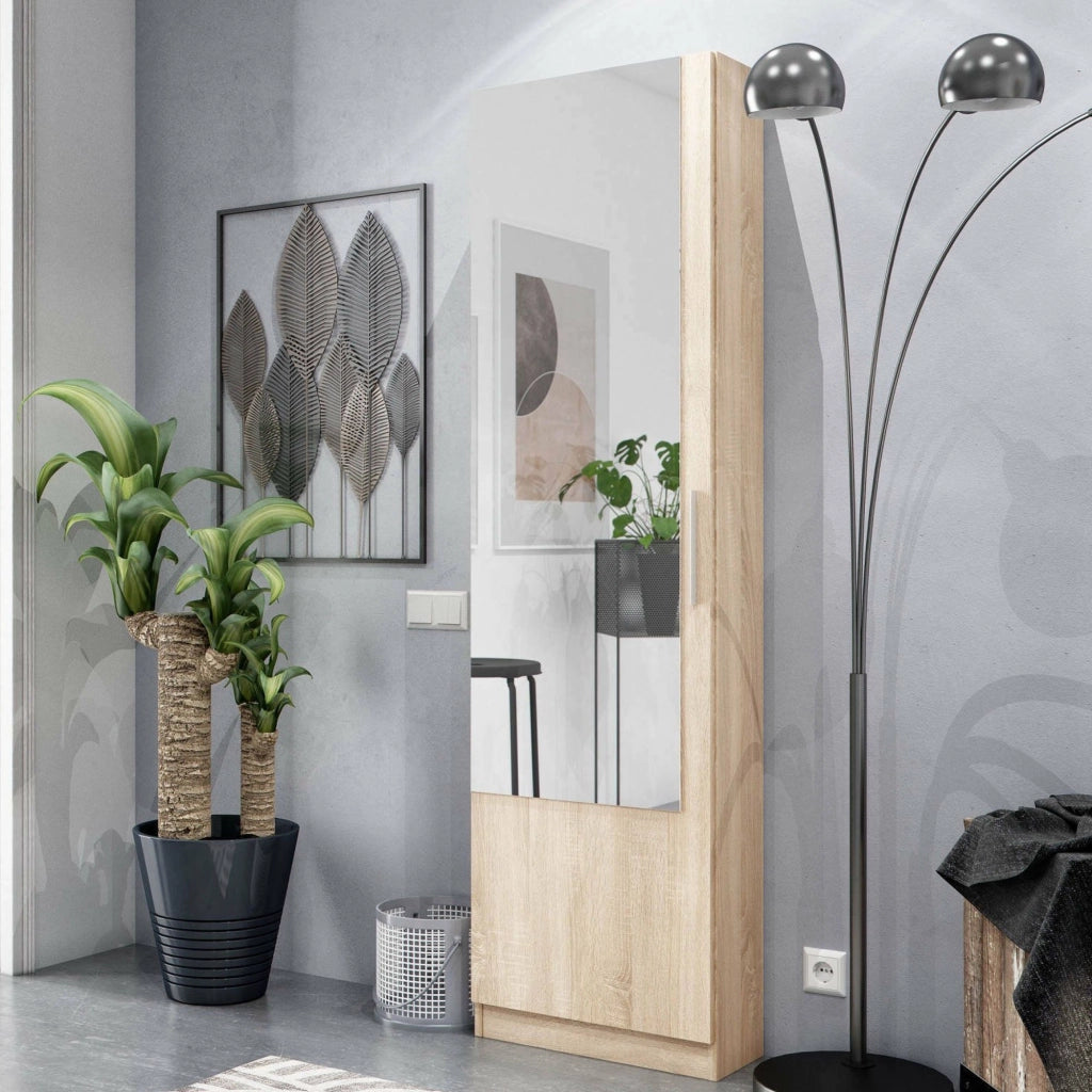 Scarpiera Euro, Armadio portascarpe alta a 1 anta, Mobile portascarpe moderno, Armadio da ingresso con specchio, cm 50x22h180, Rovere