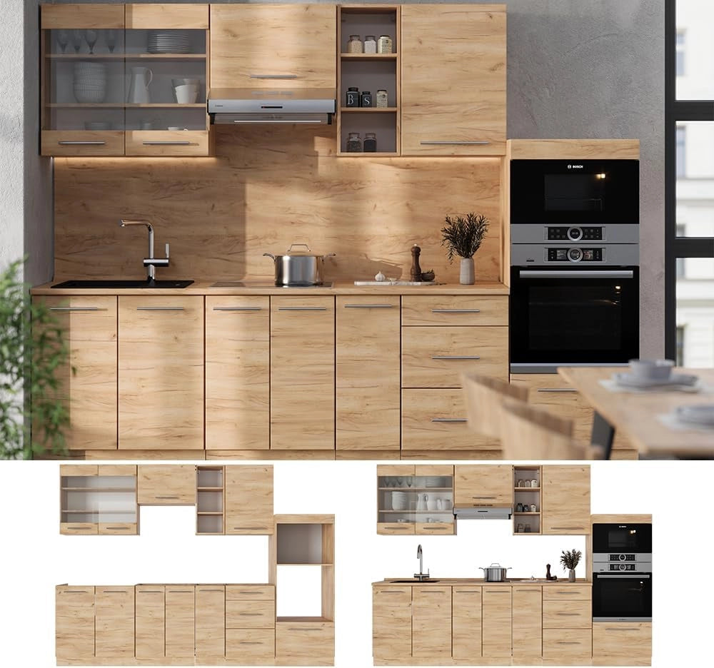 Cucina componibile Fame-Line, Quercia dorata, 280 cm senza piano di lavoro