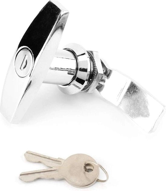 Carrello per camper con slot T per garage, serratura con chiave, copriporta per camper e cassetta degli attrezzi in argento.