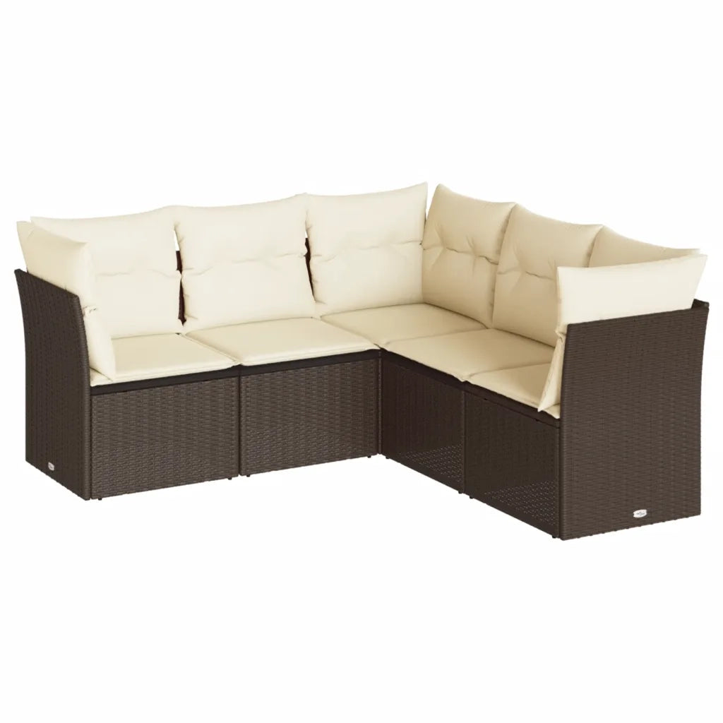 Set Divano da Giardino 5 pz | Set Salotto da Giardino con Cuscini Marrone in Polyrattan
