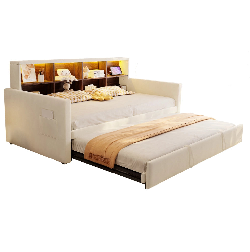 Divano letto 90x190 cm beige in velluto, testiera con vani e LED
