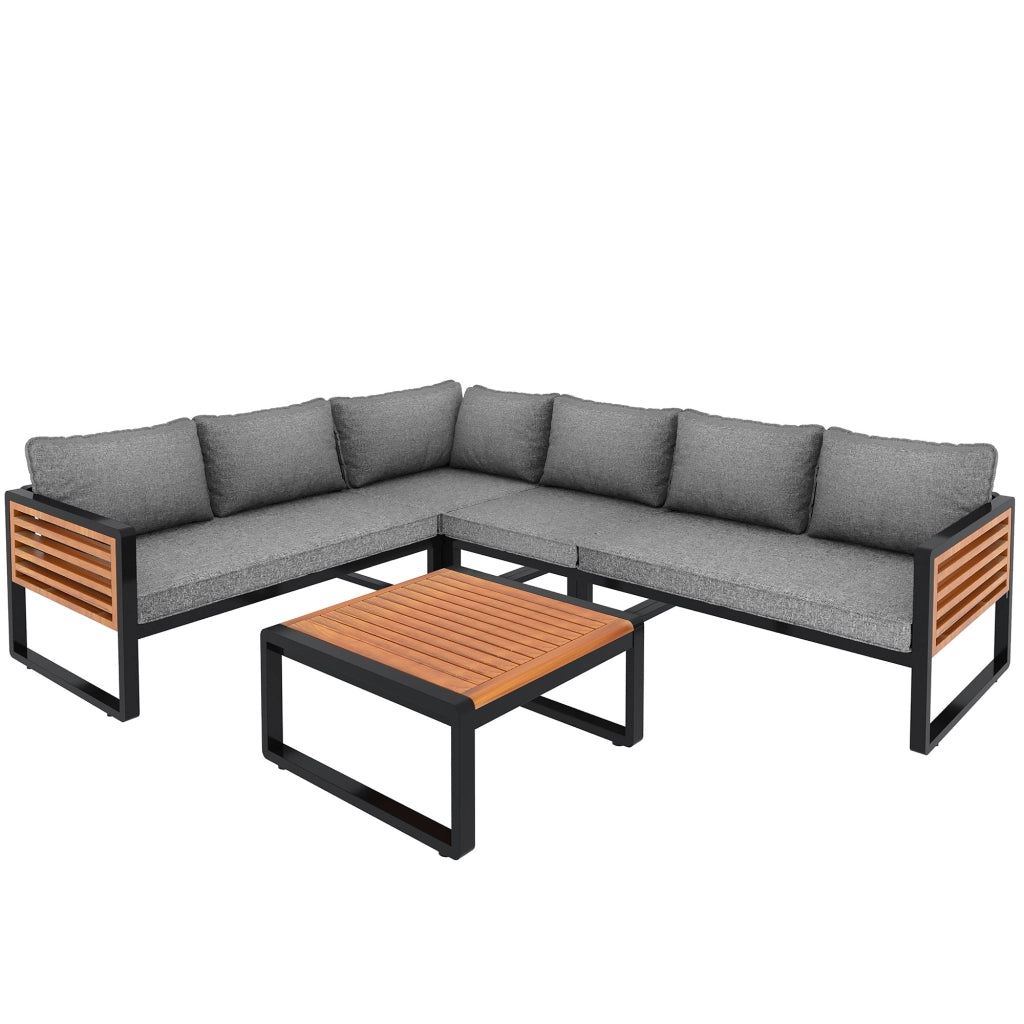 Set Divano da Giardino 5-6 Posti con Braccioli in Legno ¨C MINIMAL ¨C Polyrattan, Metallo