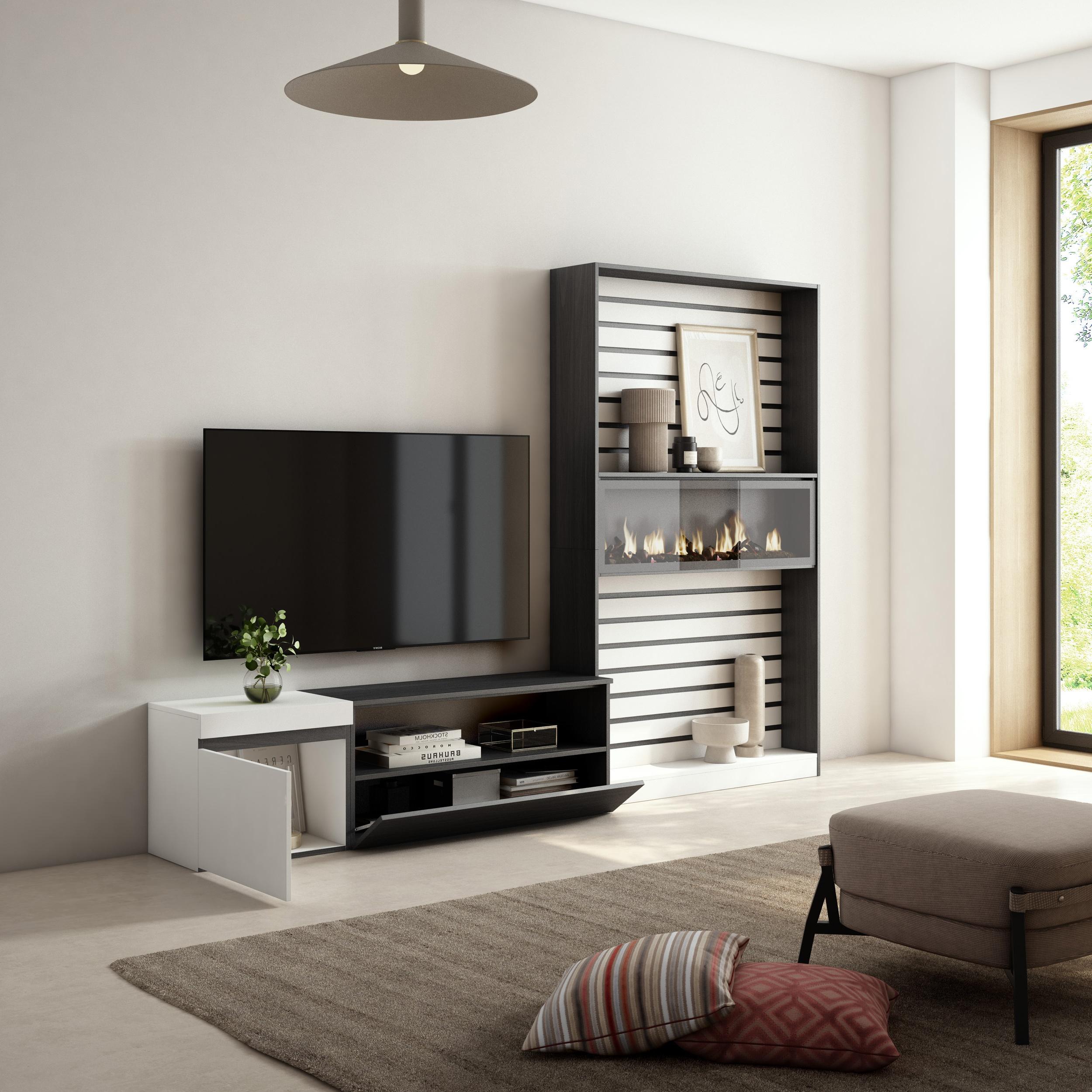 Mobile TV, Soggiorno, 260x35x186cm, Per TV fino a 65", Camino elettrico, Bianco e nero RF2552